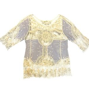 Kori‎ America Crochet Lace Bell Sleeve Top Blouse Size L